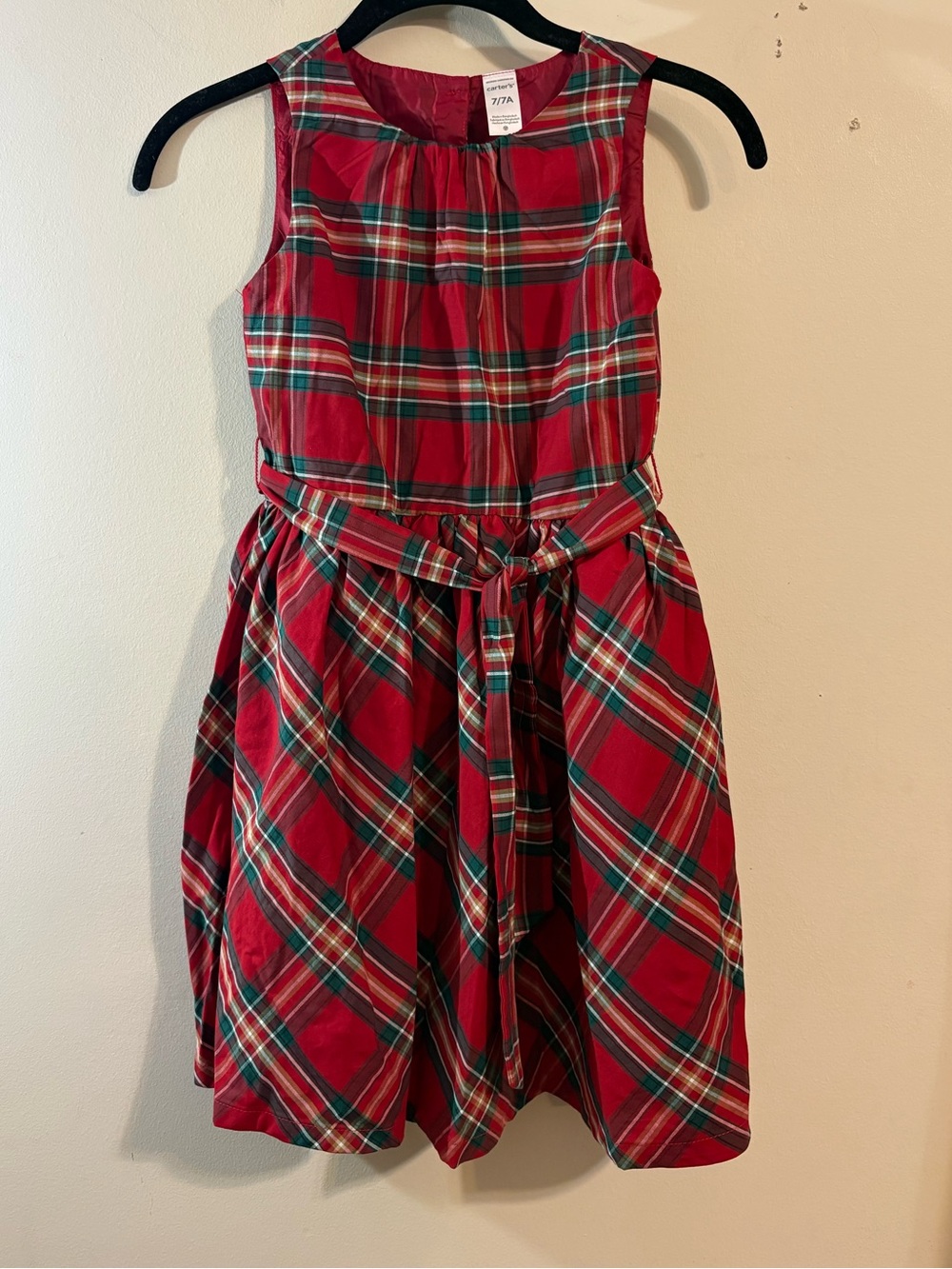 Carter’s Christmas dress girls SZ 7 red green plaid sleeveless satin holiday NWT